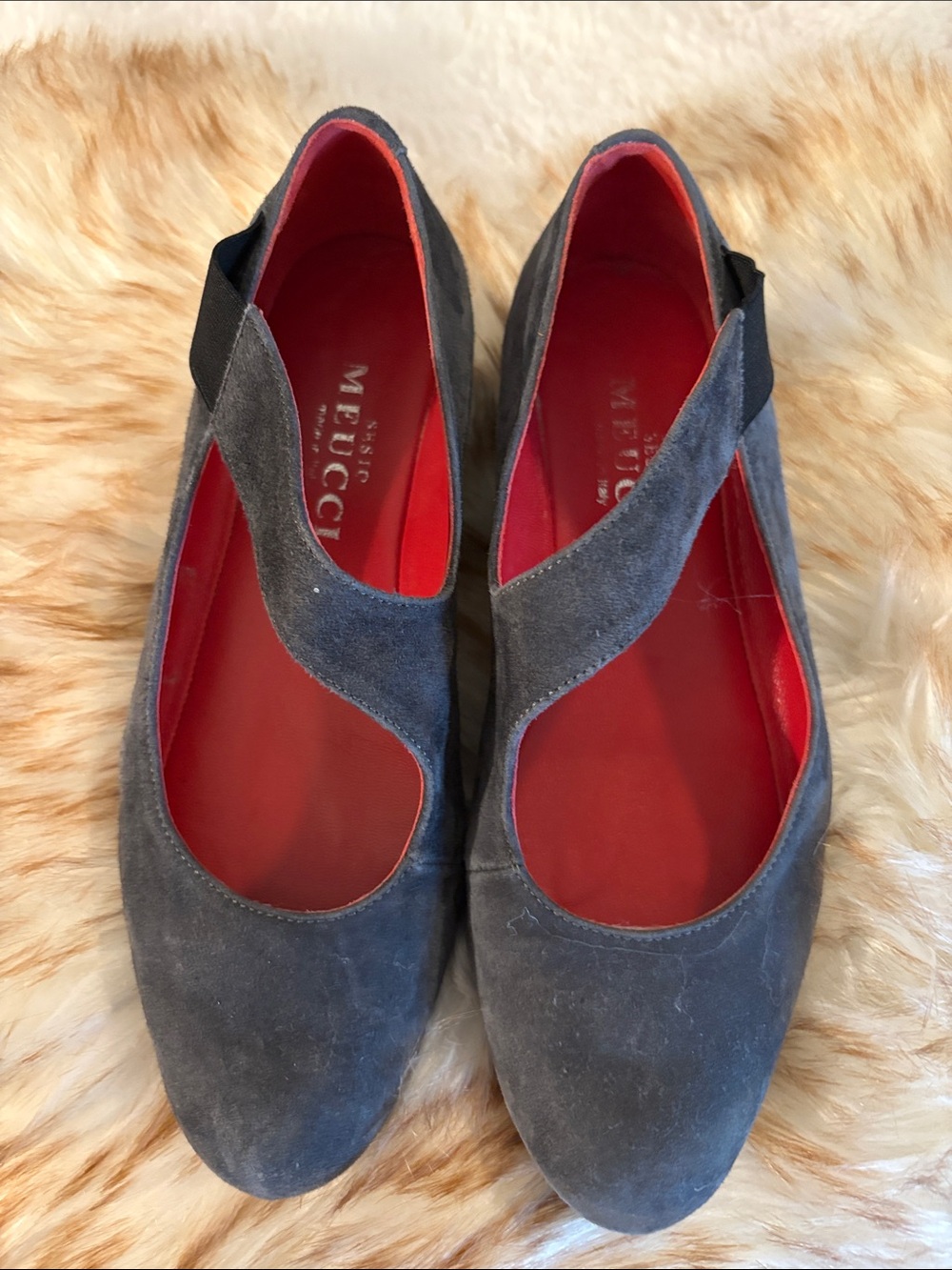MEUCCI Gray Suede Mary Jane Flats with Red Insole